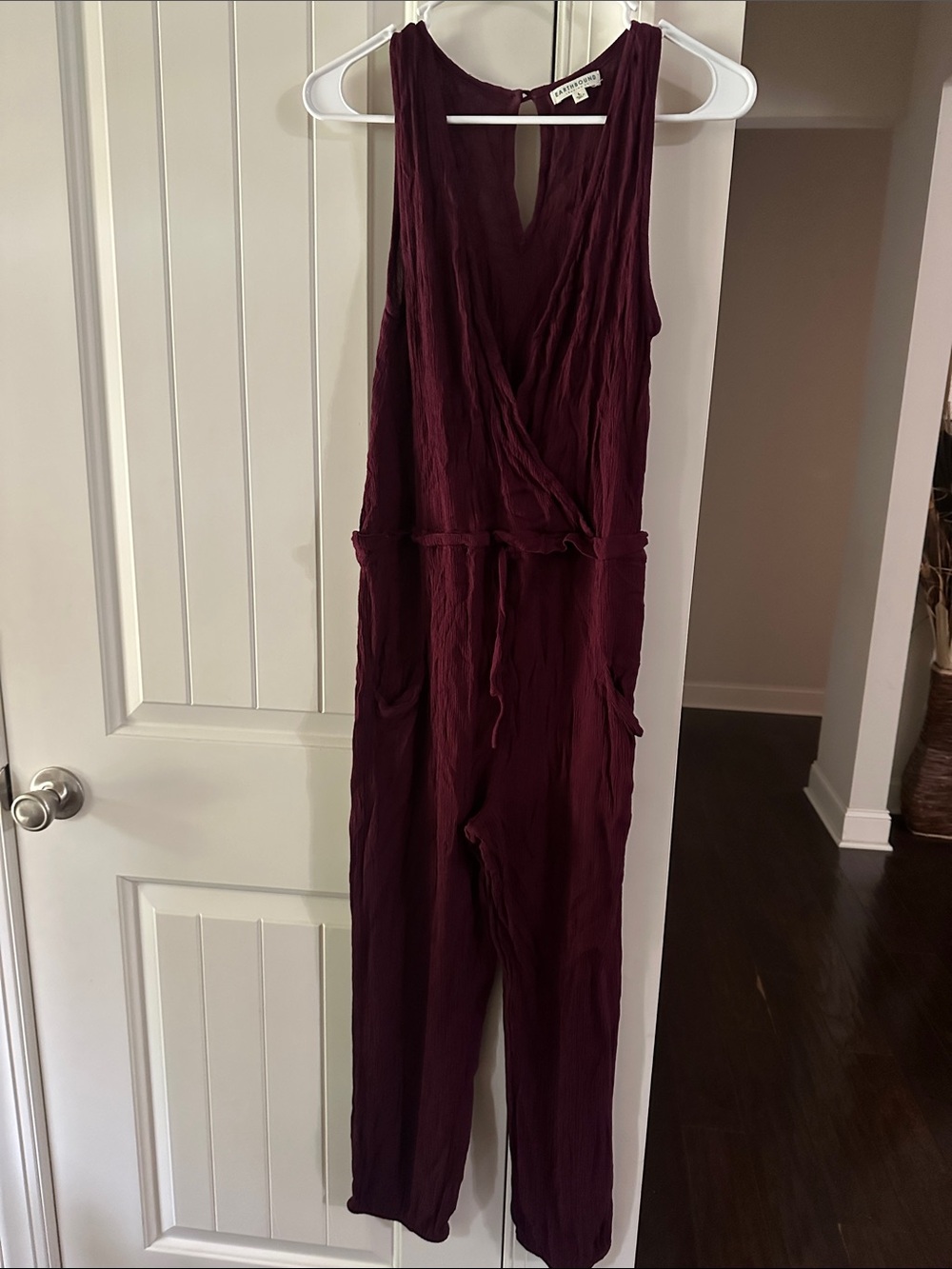 Earthbound Trading Company Sleeveless Burgundy Wrap Jumpsuit Size L